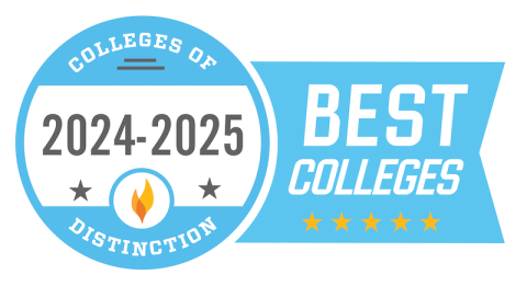 A light blue graphic that says 'Best Colleges 2024-25'. It is a graphic of a badge, with a round circle with white in the middle