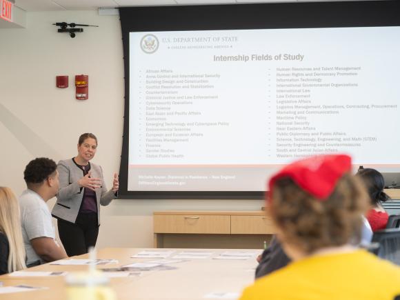 Diplomat for the US Department of State, New England visits Westfield State University to talk to students about opportunities at the State Department.