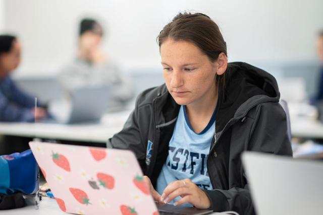 An economics student sits at their laptop working on coursework in class.